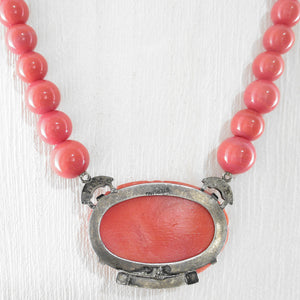 Sterling Hallmark on Art Deco Glass Salmon Coral Bead Necklace 