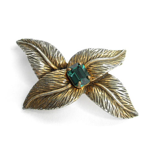Vintage Barclay Gold Tone Leaf Emerald Rhinestone Brooch