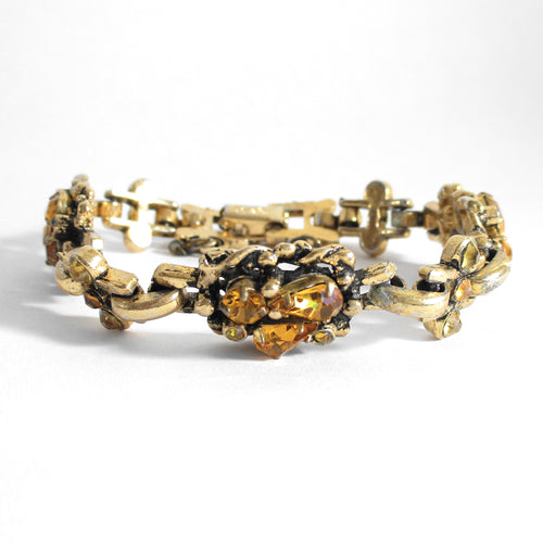 1940s / 1950s Barclay topaz and citrine rhinestone link gold-tone bracelet