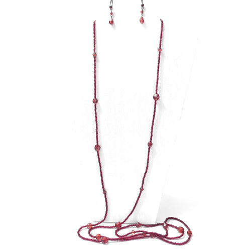 Vintage Long Red Glass Beaded Flapper Necklace with Dangling Leverback Earrings