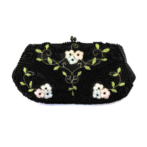 60s John Wind Black Glass Beaded & Embroidered Satin Clutch Made in Japan