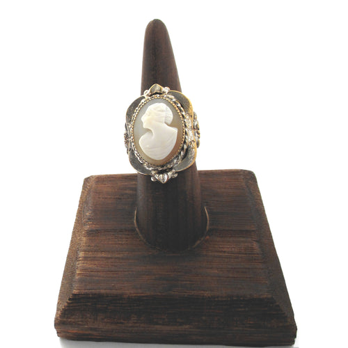 Art Deco Era thick carved shell cameo ring featuring a left-facing lady
