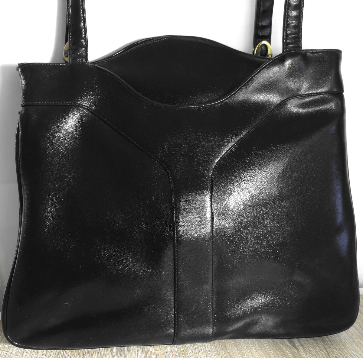 Vintage Lou Taylor Handbag, Black Faux Leather, Swivel Mirror
