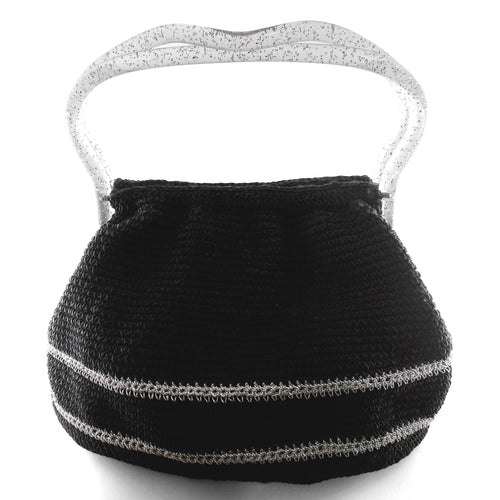 1950s -1960s black crochet purse with gold confetti clear Lucite handles 