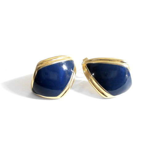 Vintage Monet Gold-tone & Navy Enamel Diamond-Shaped Stud Earrings For Pierced Ears