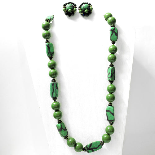 Vintage 60s Vendome Green and Black Abstract Demi Parure Necklace and Earring Set
