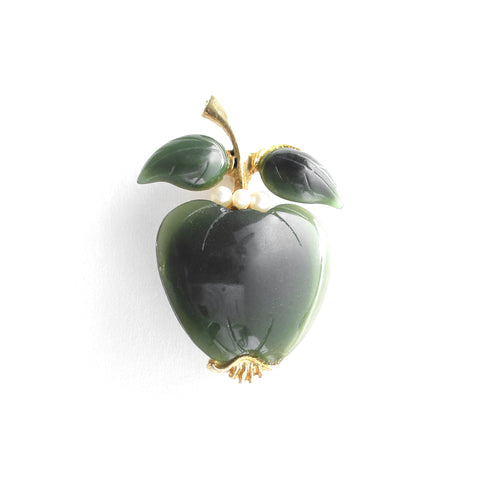 Mid Century 1960s Jade & Pearl Apple Brooch