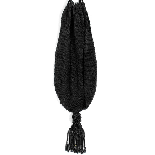 Antique Victorian Black Jet Glass Beaded Mourning Reticule Drawstring Bag / Purse with Tassel