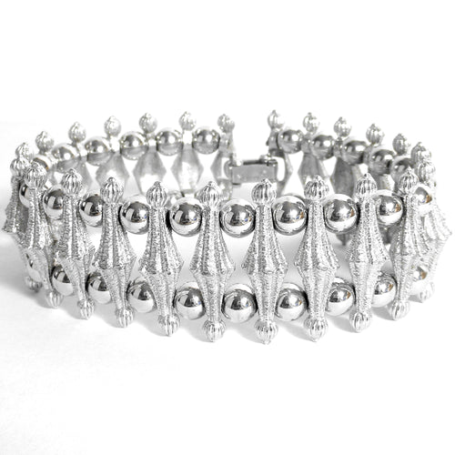 Mid Century Vintage Crown Trifari Texured Silvertone Diamond-Shape Link Bracelet Cuff