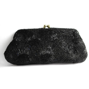 Vintage Delill Black Glass Beaded Clutch w/ Rhinestone Snap Closure