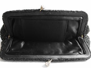 Delill Signature Vintage 50s Black Glass Beaded Clutch w/ Rhinestone Snap Closure