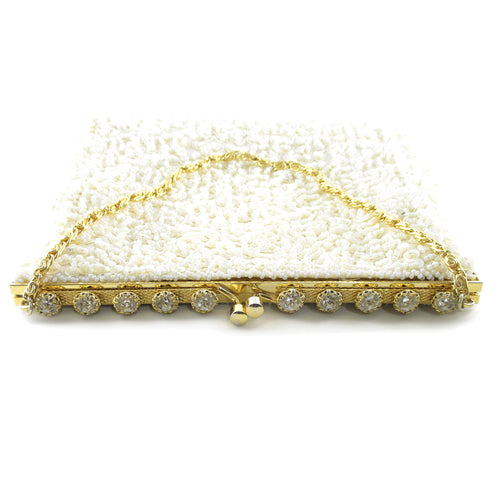 Bottom of handmade in Hong Kong white ivory beaded evening purse w/ large rhinestones