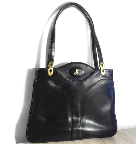 70s Lou Taylor Italian Made Shoulder Bag Handbag w/ Signature Swivel 24K Plated Mirror