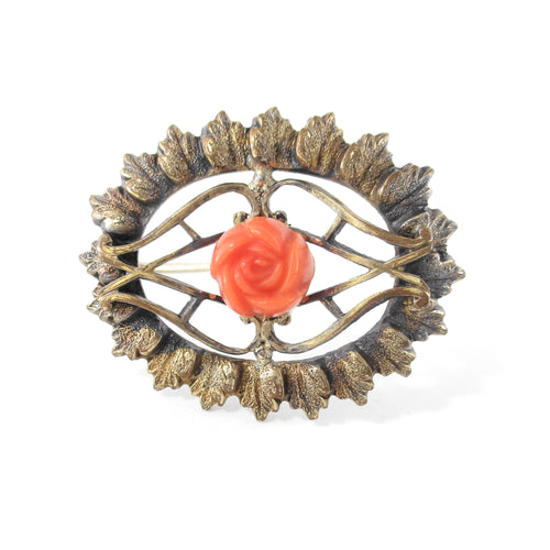 Antique Victorian / Edwardian Era Coral Celluloid Rose Brooch By Riley & French 