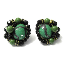 Load image into Gallery viewer, Mid Century Vendome Green and Black Abstract Earrings and Necklace Set Demi Parure
