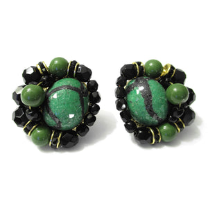 Mid Century Vendome Green and Black Abstract Earrings and Necklace Set Demi Parure