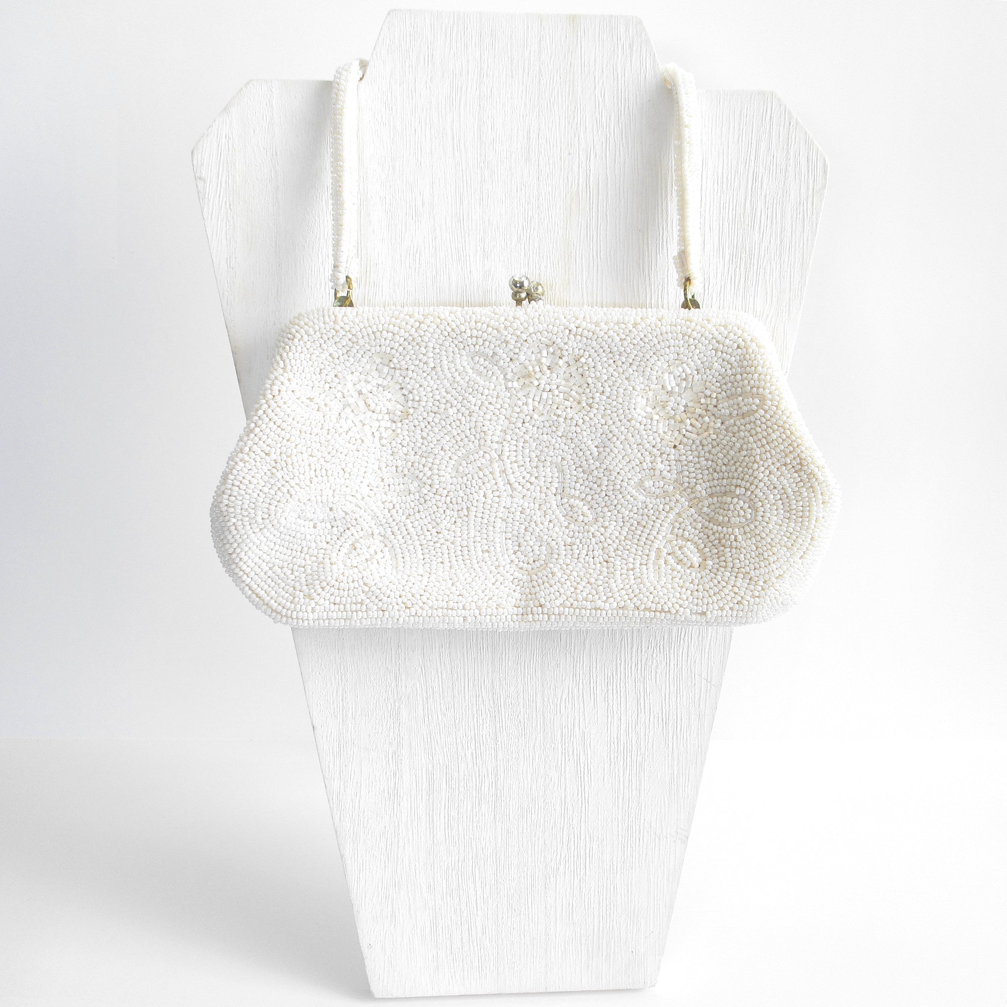 1950s White Glass Beaded Richere Bag by Walborg Made in Japan