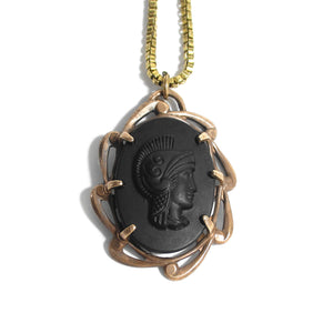 Vintage Black Glass Roman Cameo Pendant Necklace