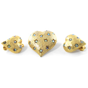 Mid Century 50s Weiss Textured Gold-Tone Puffed Heart AB Rhinestone Brooch And Clip Earrings Demi-Parure