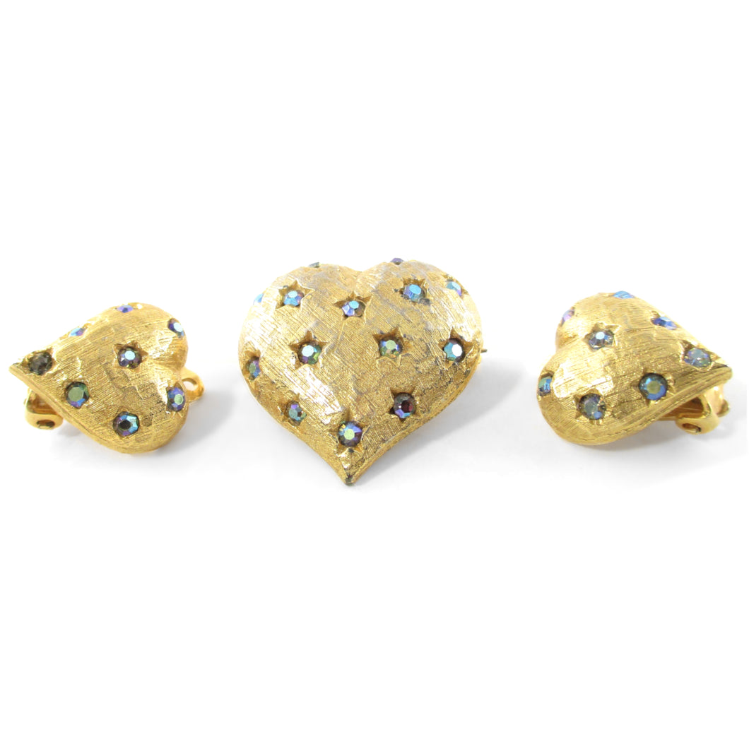 Mid Century 50s Weiss Textured Gold-Tone Puffed Heart AB Rhinestone Brooch And Clip Earrings Demi-Parure