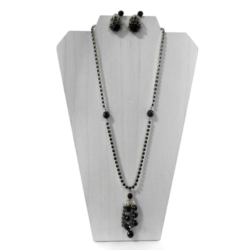 1950s Weiss black crystal rhinestone lavalier tassel necklace with matching screw back earrings